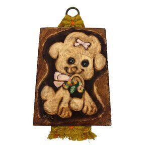 Whimsical Vintage Dog Painting Wall Plaque Signed Hand Painted 7" x 5" Big Eyes